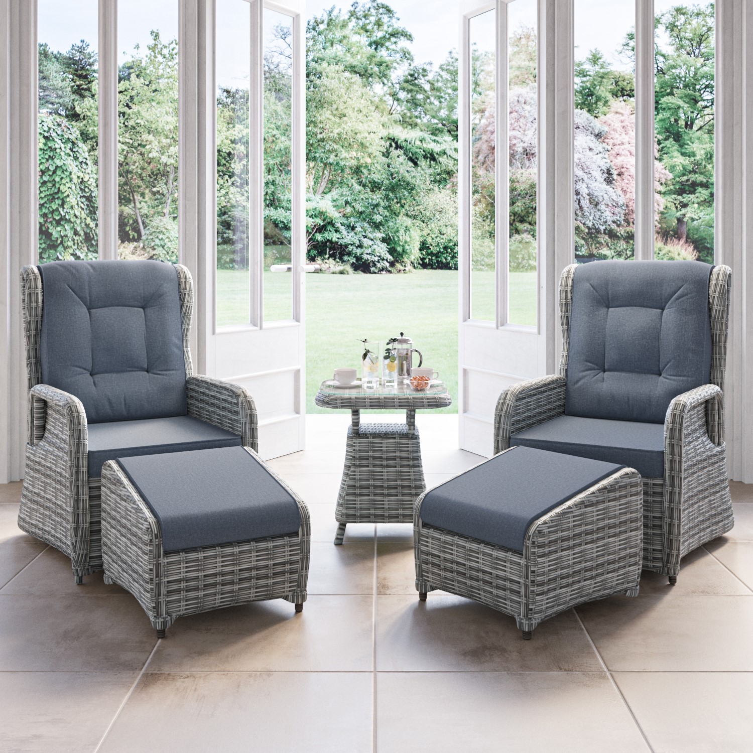 Read more about Dark grey rattan reclining sun lounger set with table and footstools aspen